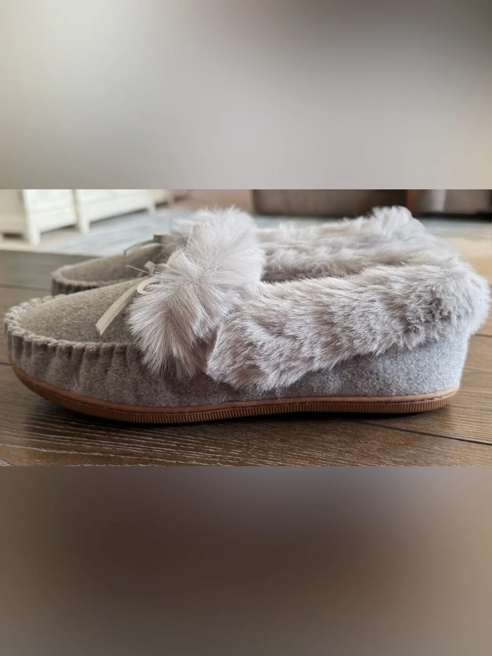 J. Crew Gray Faux-Fur Pom Moccasin Slippers with Tan Sole
